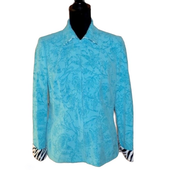 Rafael Turquoise Floral Zebra Zip Jacket, Size 8 - Picture 1 of 12